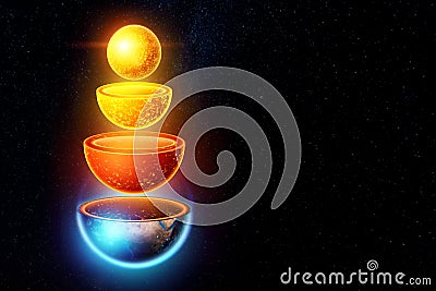 The internal structure of the earth, the structure of the core, geological layers on a dark background of space. Concept geology Cartoon Illustration