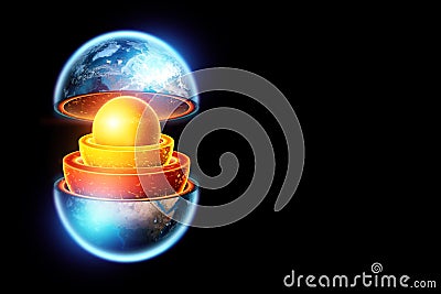 The internal structure of the earth, the structure of the core, geological layers on a dark background of space. Concept geology Cartoon Illustration