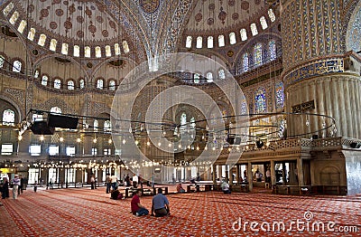 Internal view of Blue Mosque and believers Editorial Stock Photo