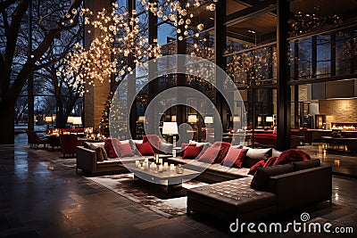 internal view of christmas-themed hotel lobby Stock Photo