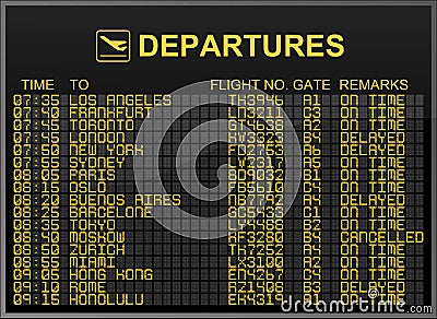 International Airport Departures Board Cartoon Illustration