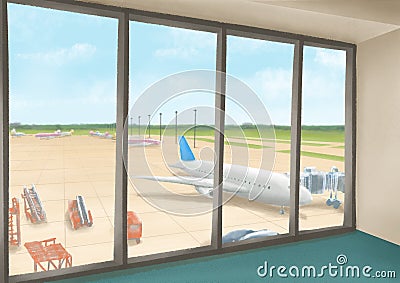 International airport terminal, landscape of airfield with airplane and blue sky view from window building Cartoon Illustration