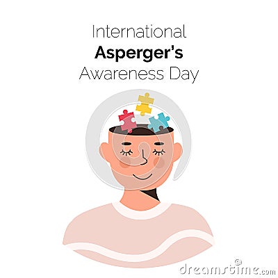 International Asperger Awareness Day Card. Smiling person face with colorful puzzle pieces in his head. Children with Vector Illustration