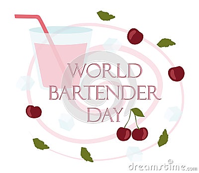 International Bartenders Day banner with Glass and Cocktail ingredients. 6 February. Vector Flat Template for Banner, card, poster Vector Illustration