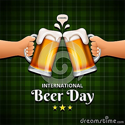 International Beer Day, on August. Cheers with clinking beer mugs conceptual Vector Illustration