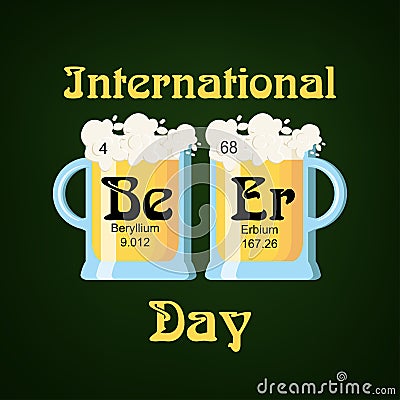 International Beer Day greeting card template with two beer glasses and word beer made of chemical elements Be and Er. Vector Illustration