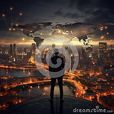 International business concept with businessman on city skyline background with network on map and sunlight Stock Photo