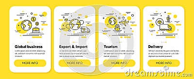 International business, Export, Import line icons. Global trading, Delivery service. Mobile phone app 4 steps. Vector Vector Illustration