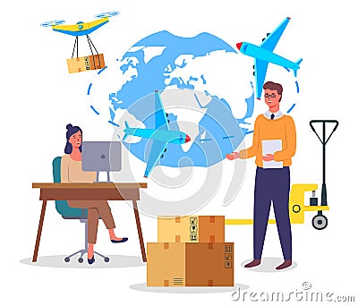 International business transportation, map with world and airplanes, drone, worldwide logistics Vector Illustration