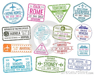 International business travel visa stamps vector arrivals sign set Vector Illustration