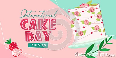 International Cake Day calligraphy typography on pink background. Mid-Century Modern style. Vector template Vector Illustration