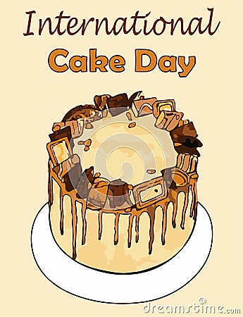 International Cake Day chocolate cake poster with pieces of chocolate Stock Photo