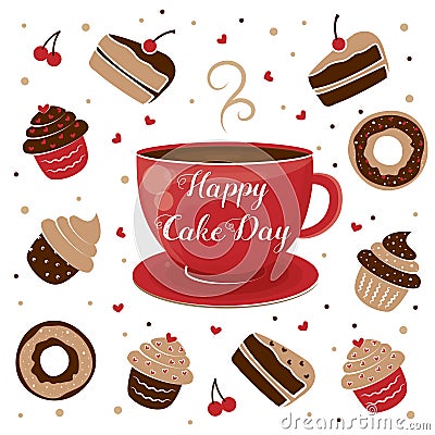 International Cake Day. Mug of tea and muffin. July 20. Vector Illustration