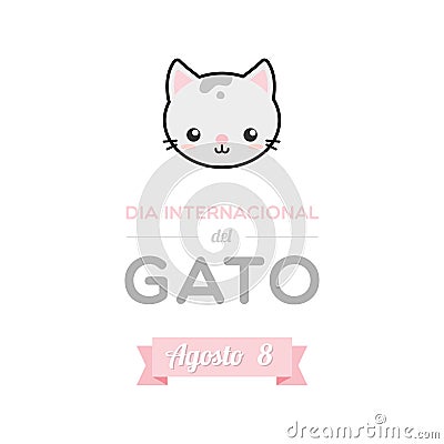 International Cat Day. August 8. Spanish. Dia internacional del gato. Agosto 8. Cat face filled icon. Vector illustration, flat Vector Illustration