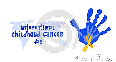 International Childhood cancer day poster with lettering.Kid and adult handprints.Help,hope and support concept. Oncology disease Vector Illustration