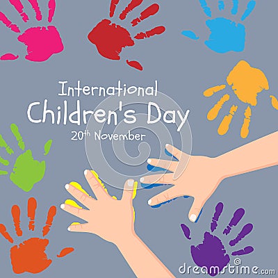International Children day banner with children`s hand are create colorful handprint vector design Vector Illustration