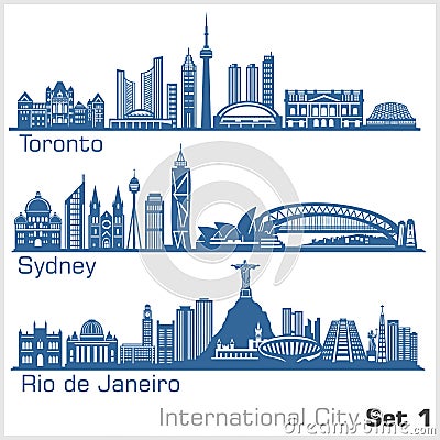 International City - Toronto, Sydney, Rio de Janeiro. Detailed architecture. Trendy vector illustration. Vector Illustration