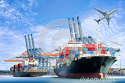 International Container Cargo ship and Cargo plane for logistic import export background Stock Photo