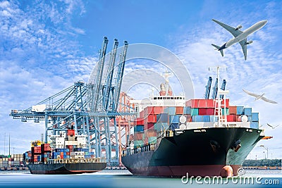 International Container Cargo ship and Cargo plane for logistic import export background Stock Photo