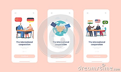 International Cooperation Mobile App Page Onboard Screen Template. Delegates Characters Solving World Issue, Negotiation Vector Illustration