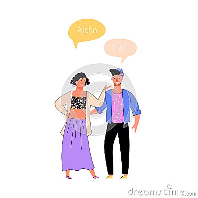 International couple saying hello in different languages - Hawaiian and Italian Vector Illustration