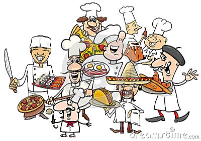 International cuisine chefs group cartoon Vector Illustration
