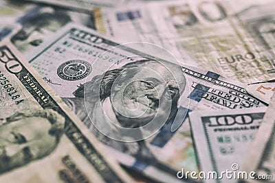 International currencies background. Money from different countries: dollars, euros. euro and dollar banknotes. money background. Stock Photo