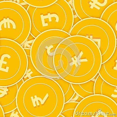 International currencies coins seamless pattern. Amazing scattered Global coins. Big win or success Vector Illustration