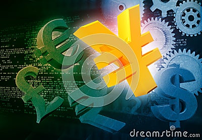 International currencies and gears Stock Photo