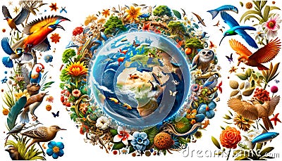 Global Biodiversity: Earth's Floral and Faunal Harmony. Flowery and diverse world map with a variety of animals and plants. Stock Photo