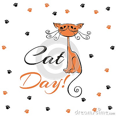 International day of cats. Holiday card. Red cat cartoon. Funny cheerful kitten. Cat`s footprints. Cartoon Illustration
