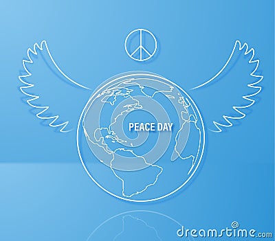 International Day of Peace. Earth globe with dove wings and peace symbol. Vector Illustration