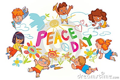 International day of peace. Kids doodle with colored crayons on the asphalt Vector Illustration