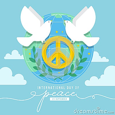 International day of peace - Twin white peace bird flying and holding yellow gold peace symbol on globe with olive leaves and soft Vector Illustration