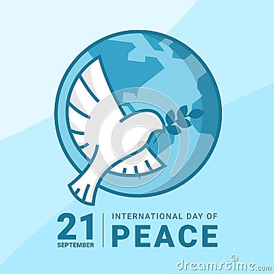 International day of peace - white bird dove flying and hold leaf sign on circle globe world vector banner design Vector Illustration