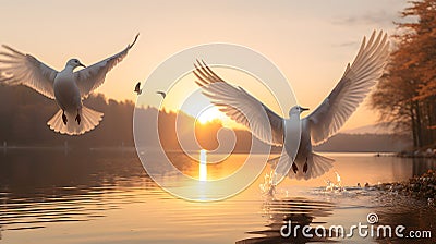International Day of Peace, White Doves Soaring from Palms over Serene Lake, Harmonious Symbolism: Stock Photo