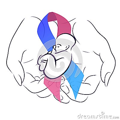 International day of premature babies. Woman hand with festive ribbon with a baby. Motherhood and care. The object is separate Vector Illustration