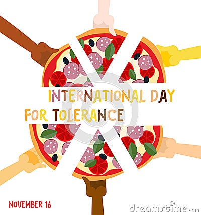 International Day for Tolerance. 16 November. Hands of different Vector Illustration