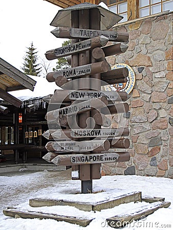 International direction sign at Santas Village in Rovaniemi Editorial Stock Photo