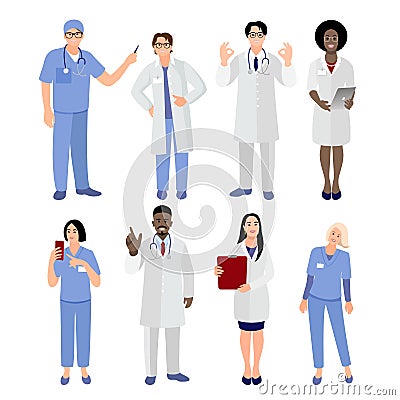International doctor team. Hospital medical staff. Mixed race Asian and Caucasian doctor and nurse meeting. Clinic Vector Illustration