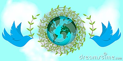 International earth day. Pigeons build a nest of twigs. Day of peace, planets, environment. Vector Illustration
