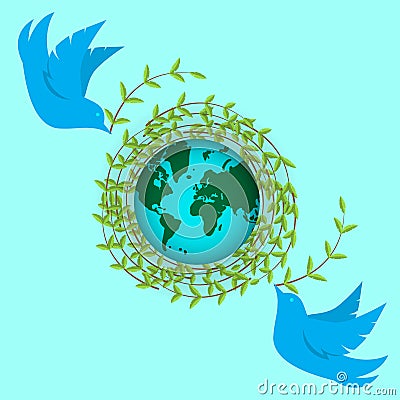 International earth day. Pigeons build a nest of twigs. Day of peace, planets, environment. Vector Illustration