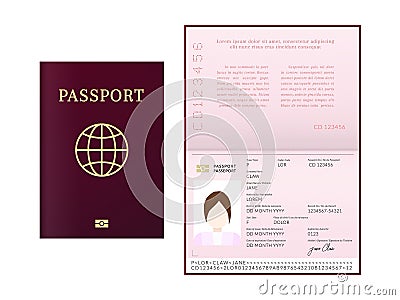 International female biometric passport booklet Vector Illustration