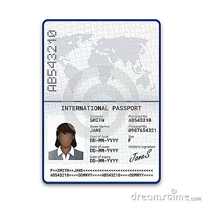 International female passport template with photo of a black woman, signature and other personal data Vector Illustration