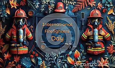 International Firefighters Day commemorative layout with vintage firefighting equipment, helmets, and autumn leaves on a Stock Photo