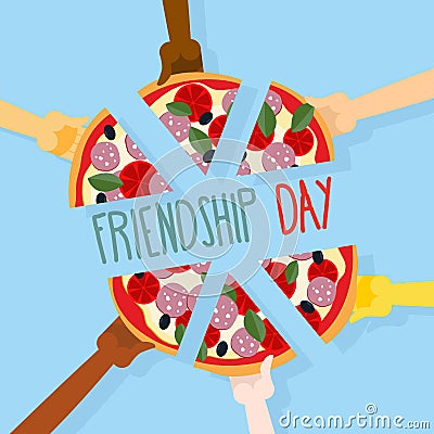 International friendship day. 30 July. Pizza pieces for friends. Vector Illustration