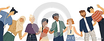 International friendship flat vector illustration. Young diverse people group standing together cartoon characters Vector Illustration