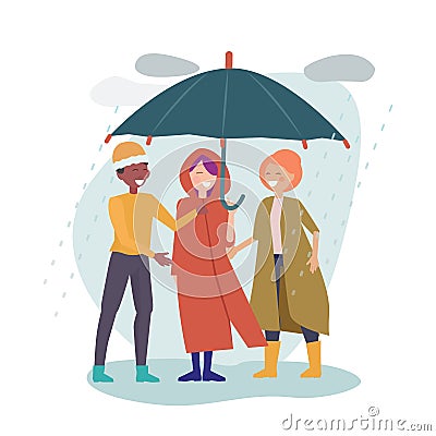International friendship. Multicultural friends stand together under one umbrella. Rainy day, happy man woman in autumn Vector Illustration