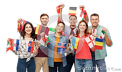 Happy friends with flags of different countries Stock Photo