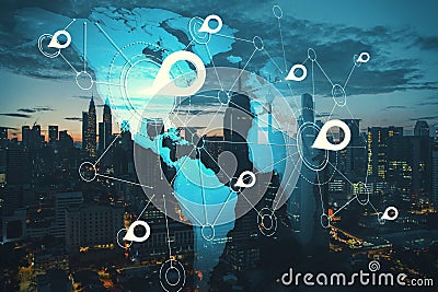 International geolocation concept with digital world map and white pinpoints connected by lines on night city skyscrapers Stock Photo